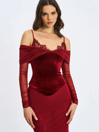 Maybelle Magenta Bardot Lace Strap Peplum Maxi Dress