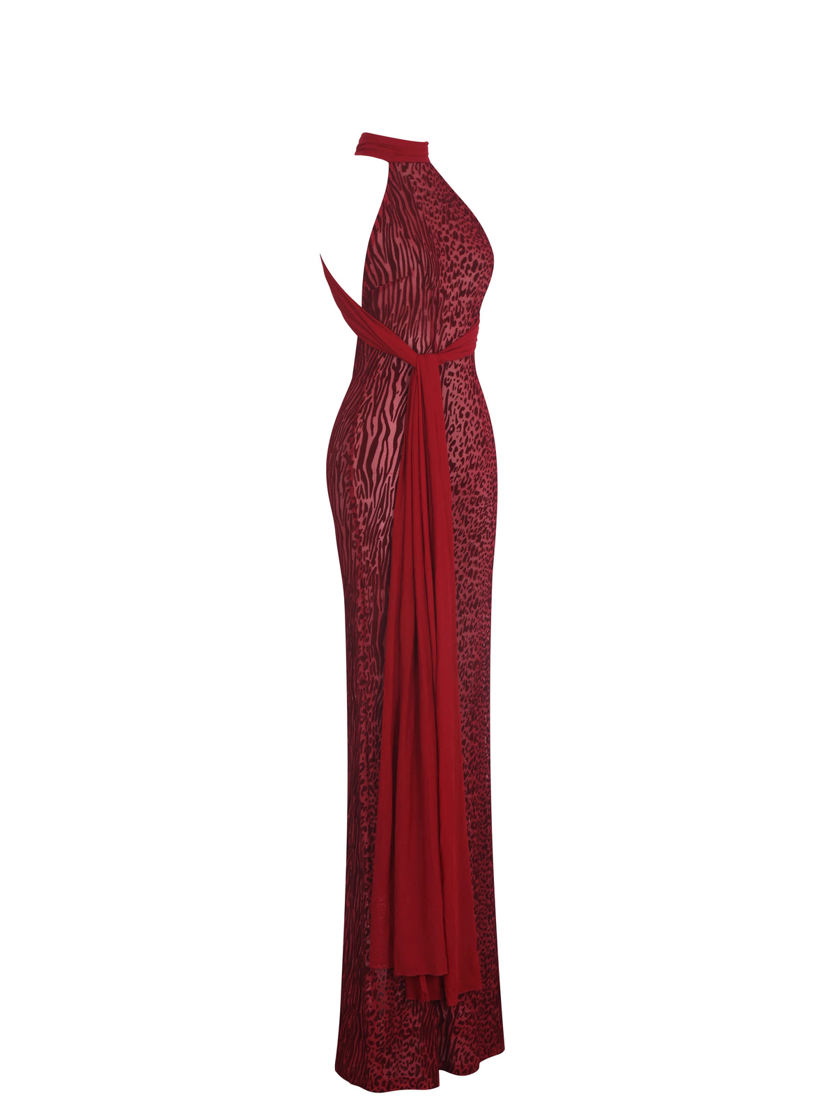 Cerise Scarlet Burnout Velvet Multiwear Mesh Ribbon Maxi Dress