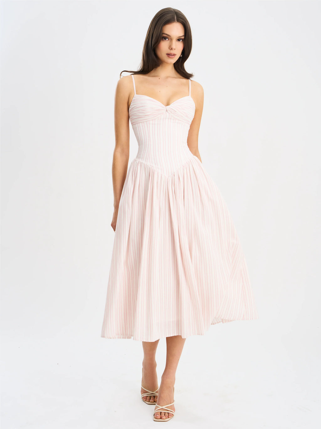 Zania Pink Stripe Cotton Jacquard Midi Dress