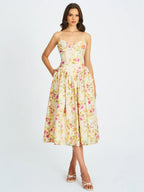 Jacinda Yellow Floral Print Linen Midi Dress