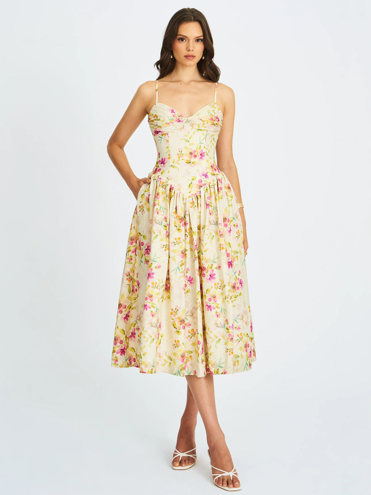 Jacinda Yellow Floral Print Linen Midi Dress