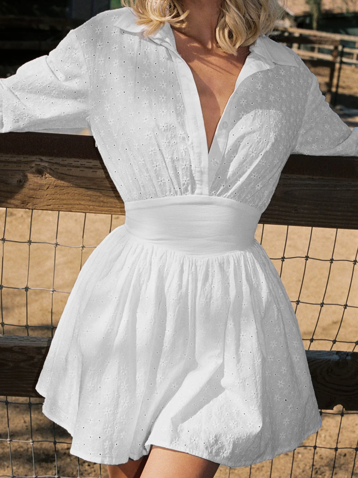 Gabriella White Cotton Eyelet Button Up Long Sleeve Shirt Dress