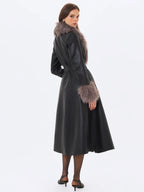 Nico Black Faux Leather Fur Trimmed Belted A Line Midi Coat