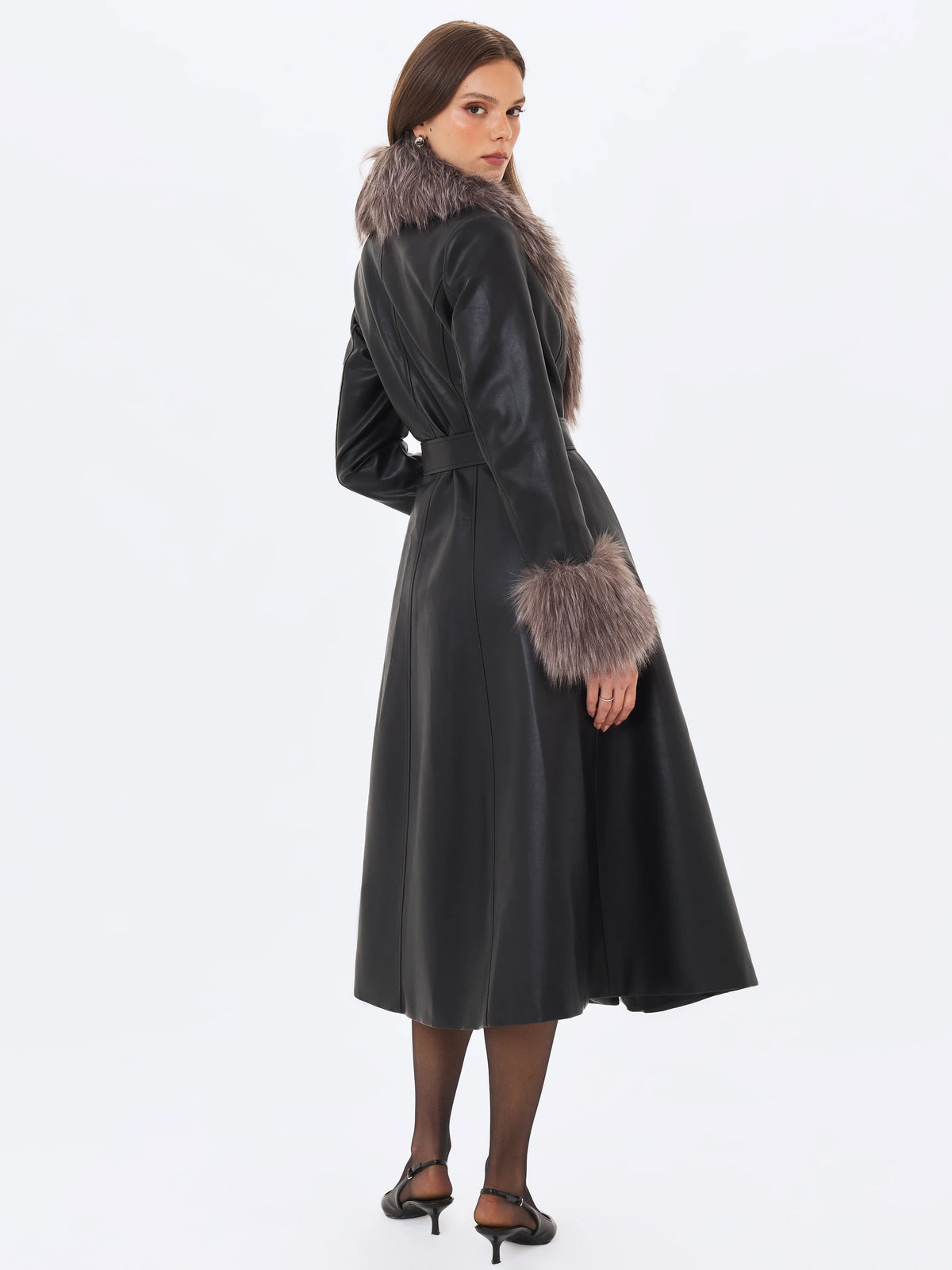 Nico Black Faux Leather Fur Trimmed Belted A Line Midi Coat