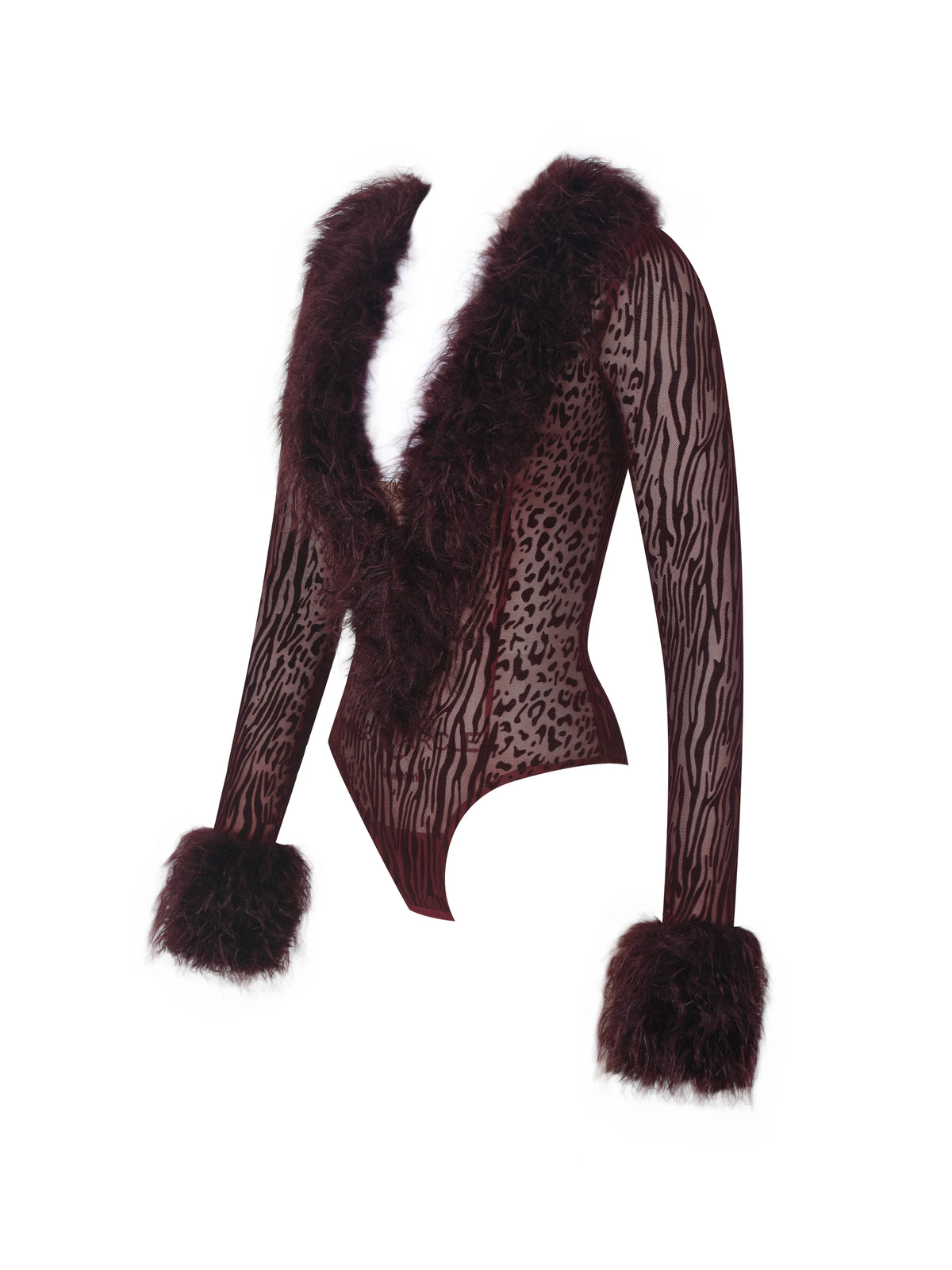 Valene Burgundy Burnout Velvet Fur Trim Bodysuit