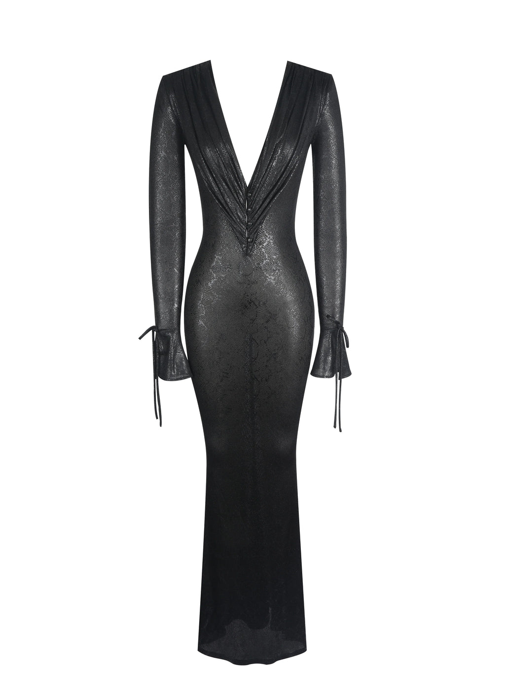 Ilysia Black V Neck Plunge Snakeskin Mermaid Hem Maxi Dress