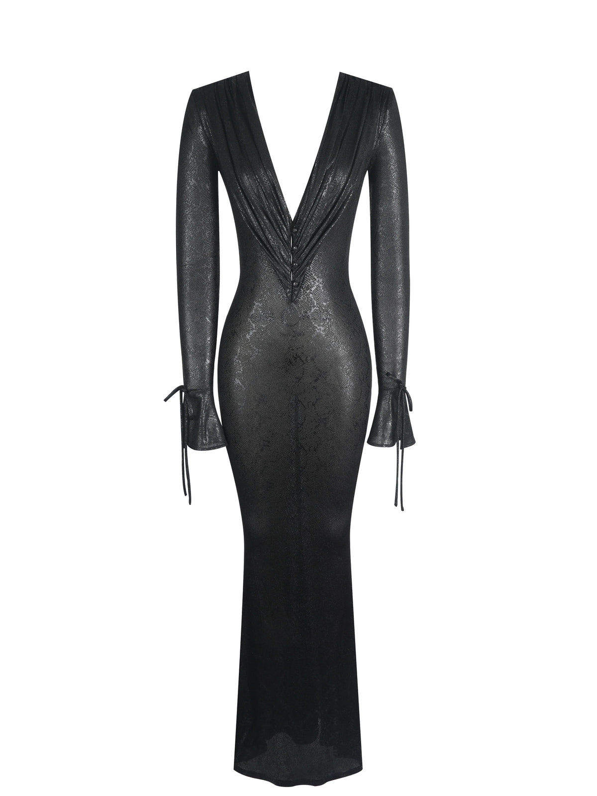 Ilysia Black V Neck Plunge Snakeskin Mermaid Hem Maxi Dress