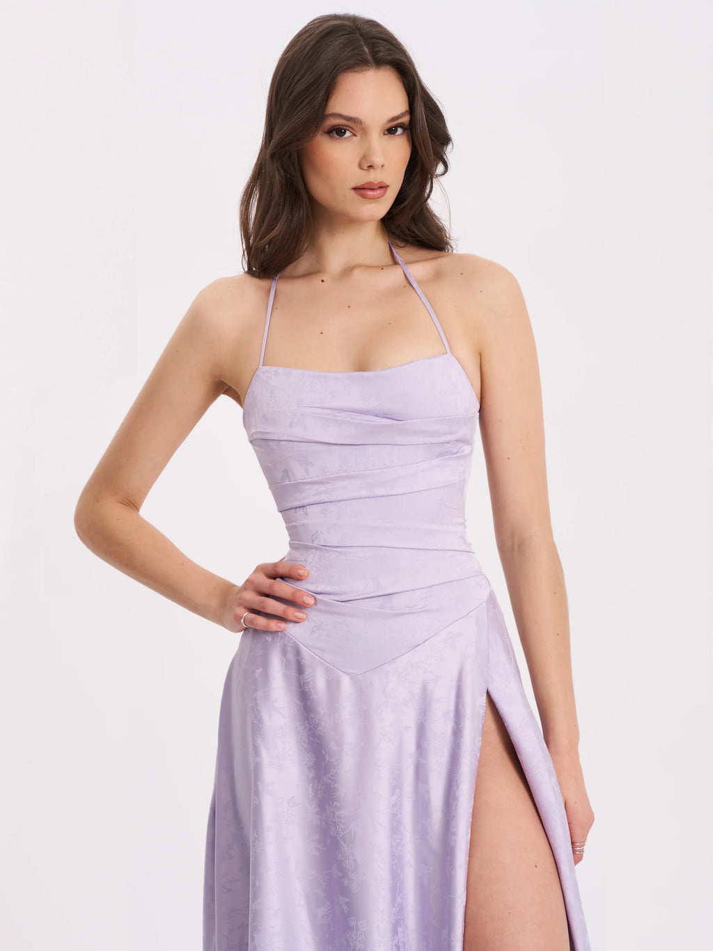 Raegan Taro Purple Jacquard Rouched Maxi Dress
