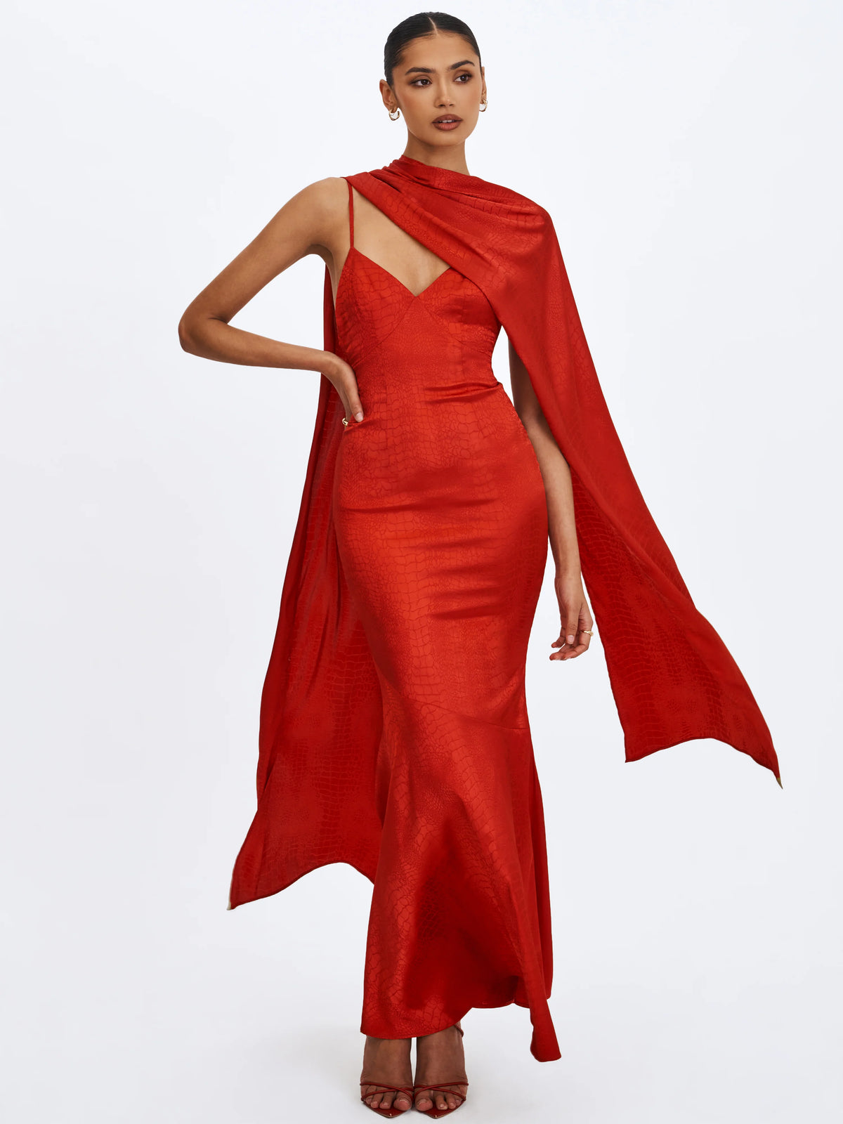 Kelsey Scarlet Croc Embossed Flared Hem Maxi Dress with Scarf
