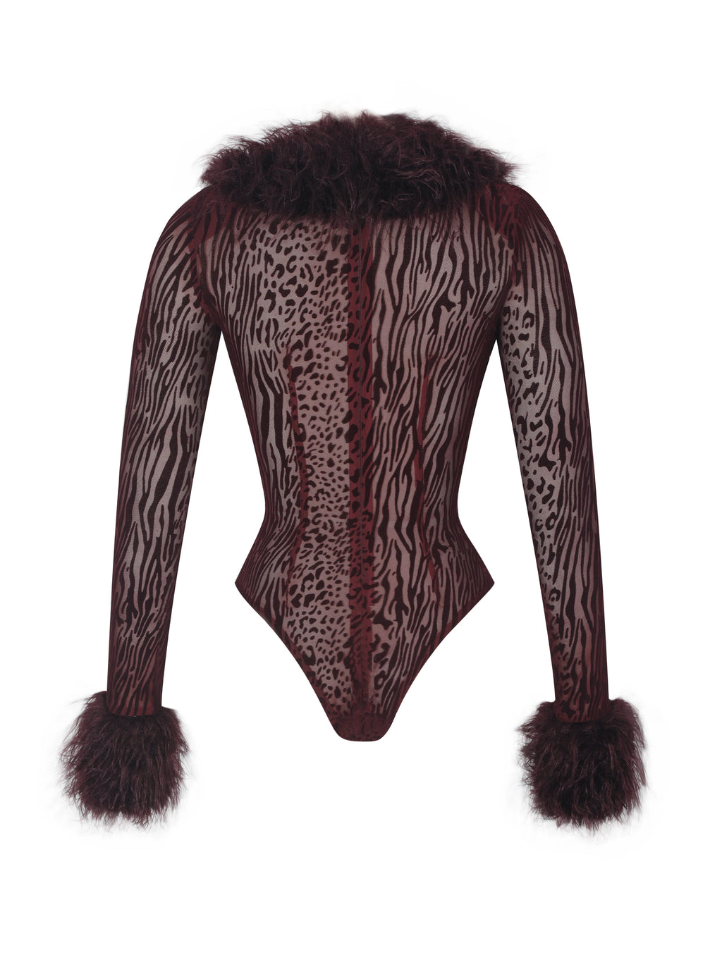 Valene Burgundy Burnout Velvet Fur Trim Bodysuit