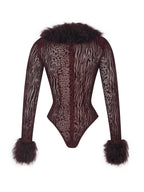 Valene Burgundy Burnout Velvet Fur Trim Bodysuit