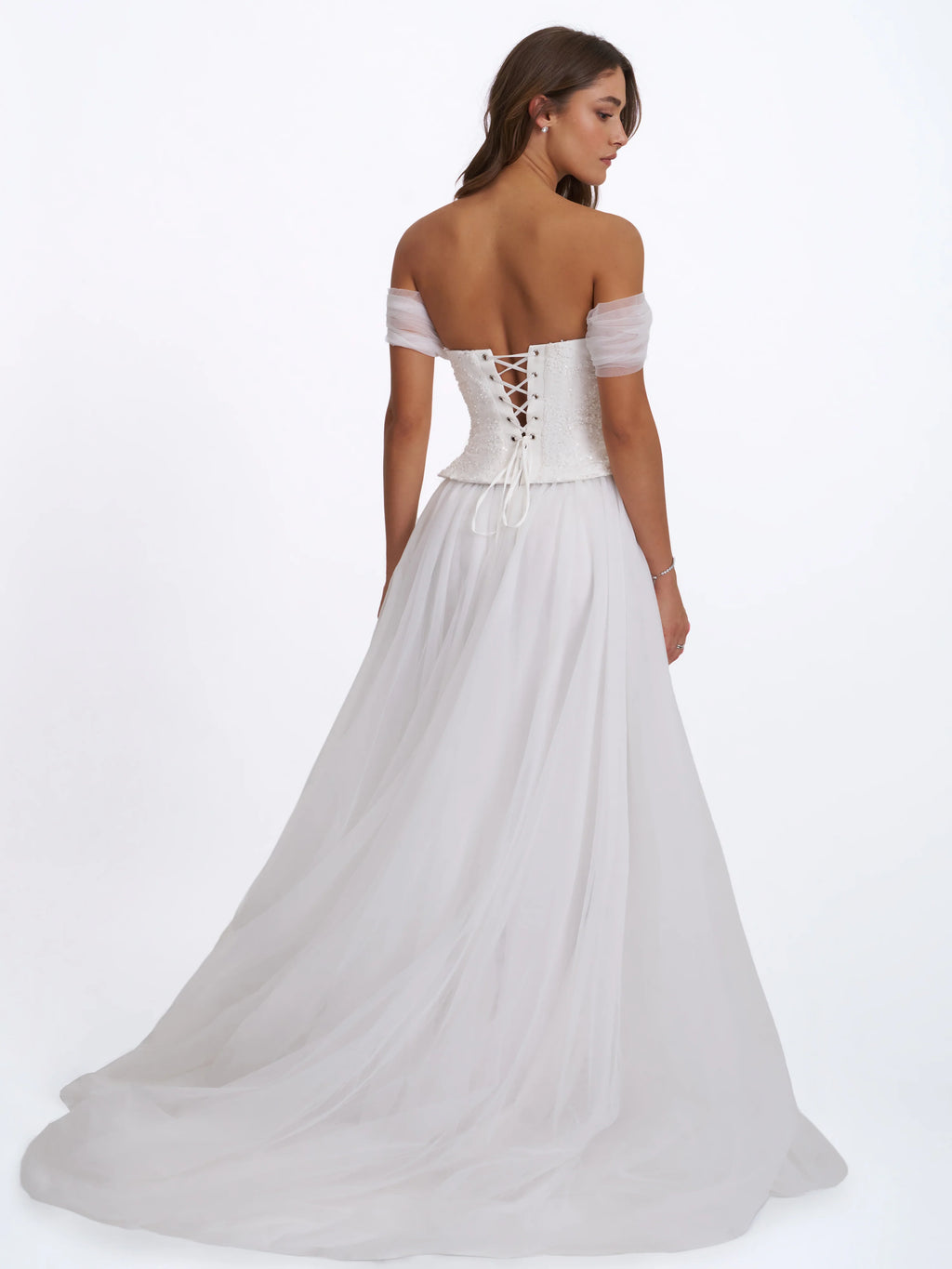 Jianna White Beaded Peplum Bardot Neckline Wedding Gown