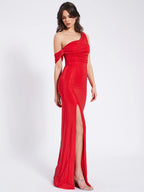 Paget Red Mesh Rhinestone Embellished High Slit Gown Archive Sale