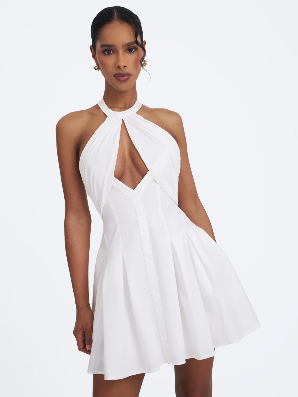 Jordyn White Cotton Poplin Keyhole Halter Mini Dress