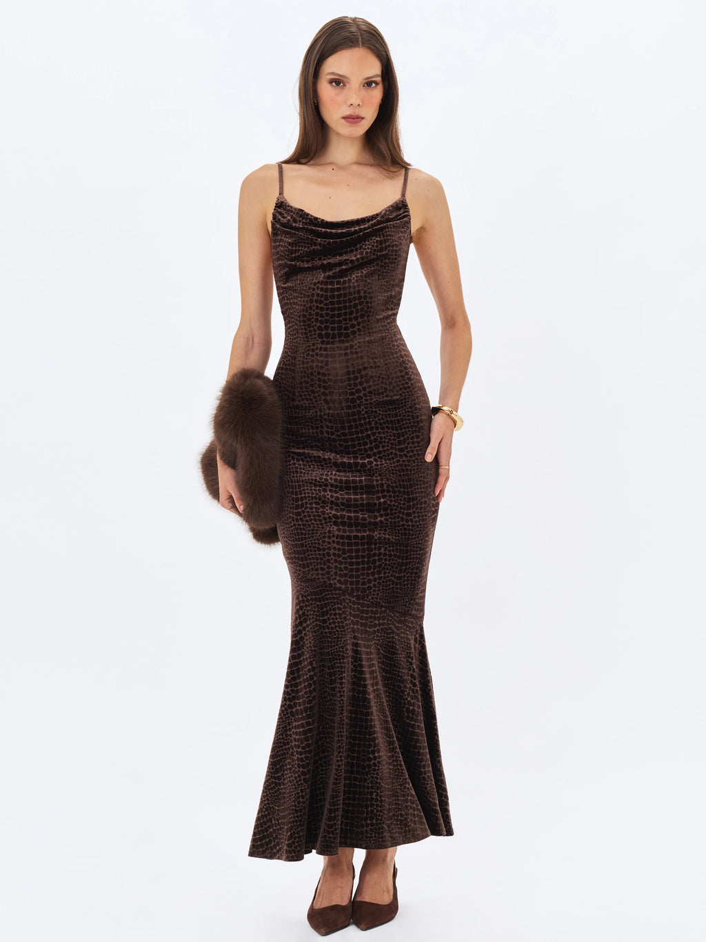 Veronique Brown Croc Embossed Velvet Cowl Neck Mermaid Maxi Dress