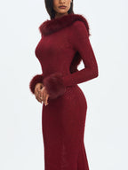 Melrose Burgundy Petite Length Rhinestone Mesh Low Back Mermaid Gown