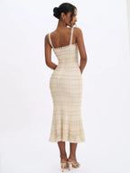 Xiomara Beige Gold Stripe Crochet Knit Mermaid Midi Dress