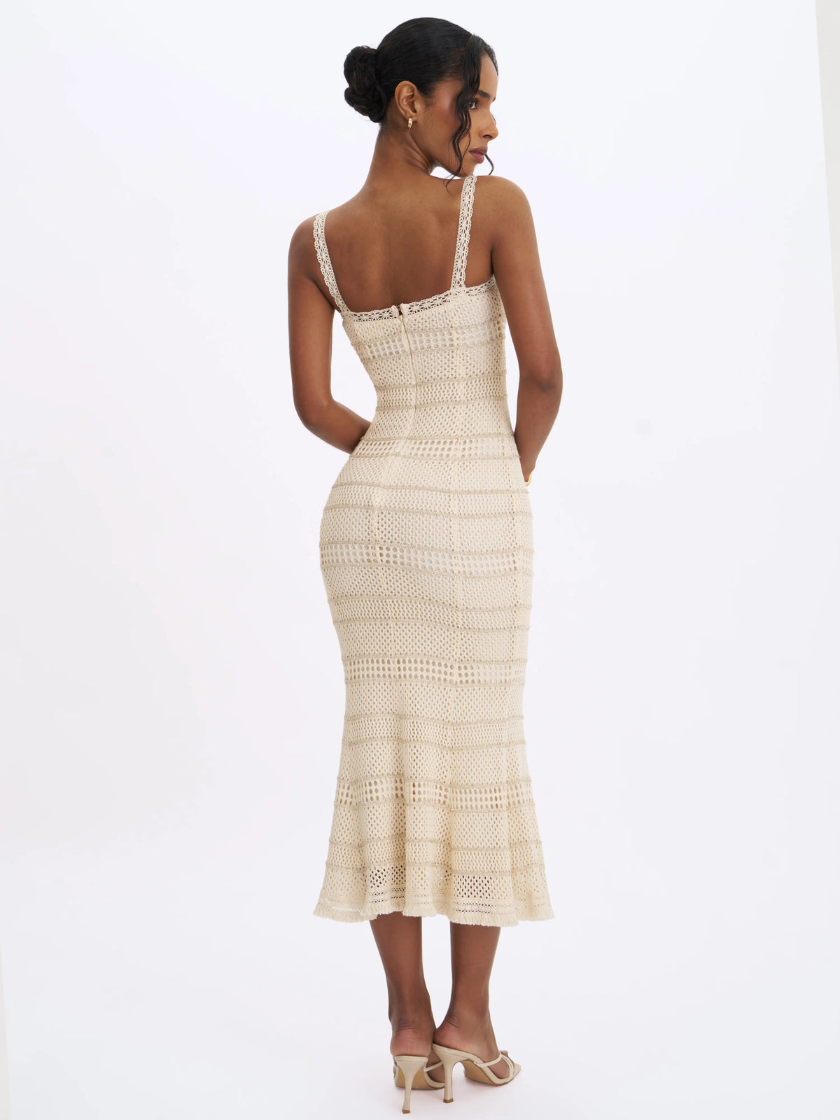 Xiomara Beige Gold Stripe Crochet Knit Mermaid Midi Dress