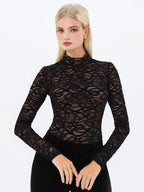 Quenisa Black Chenille Lace Long Sleeve Bodysuit