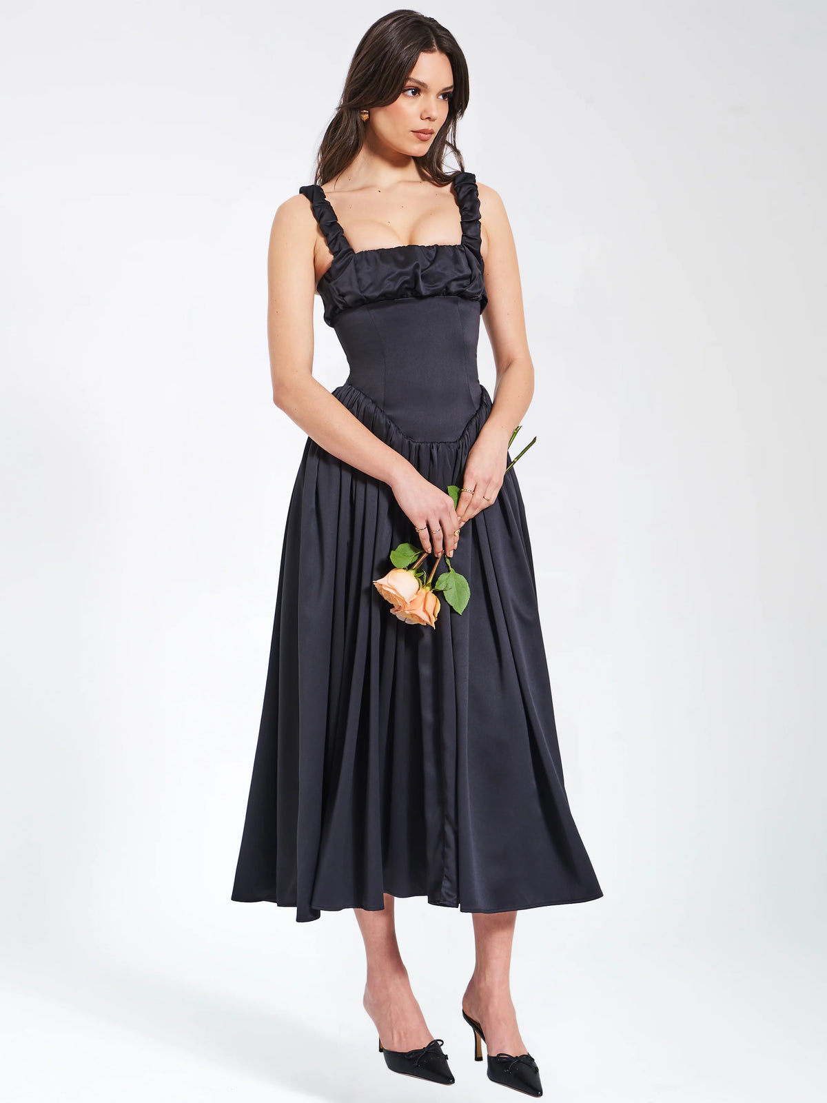 Noreen Black Satin Drop Waist Maxi Sundress Archive Sale