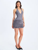 Daisy Grey Drop Waist Fur Trim Halter Mini Dress