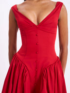 Nahla Red Drop Waist Midi Dress with Buttons