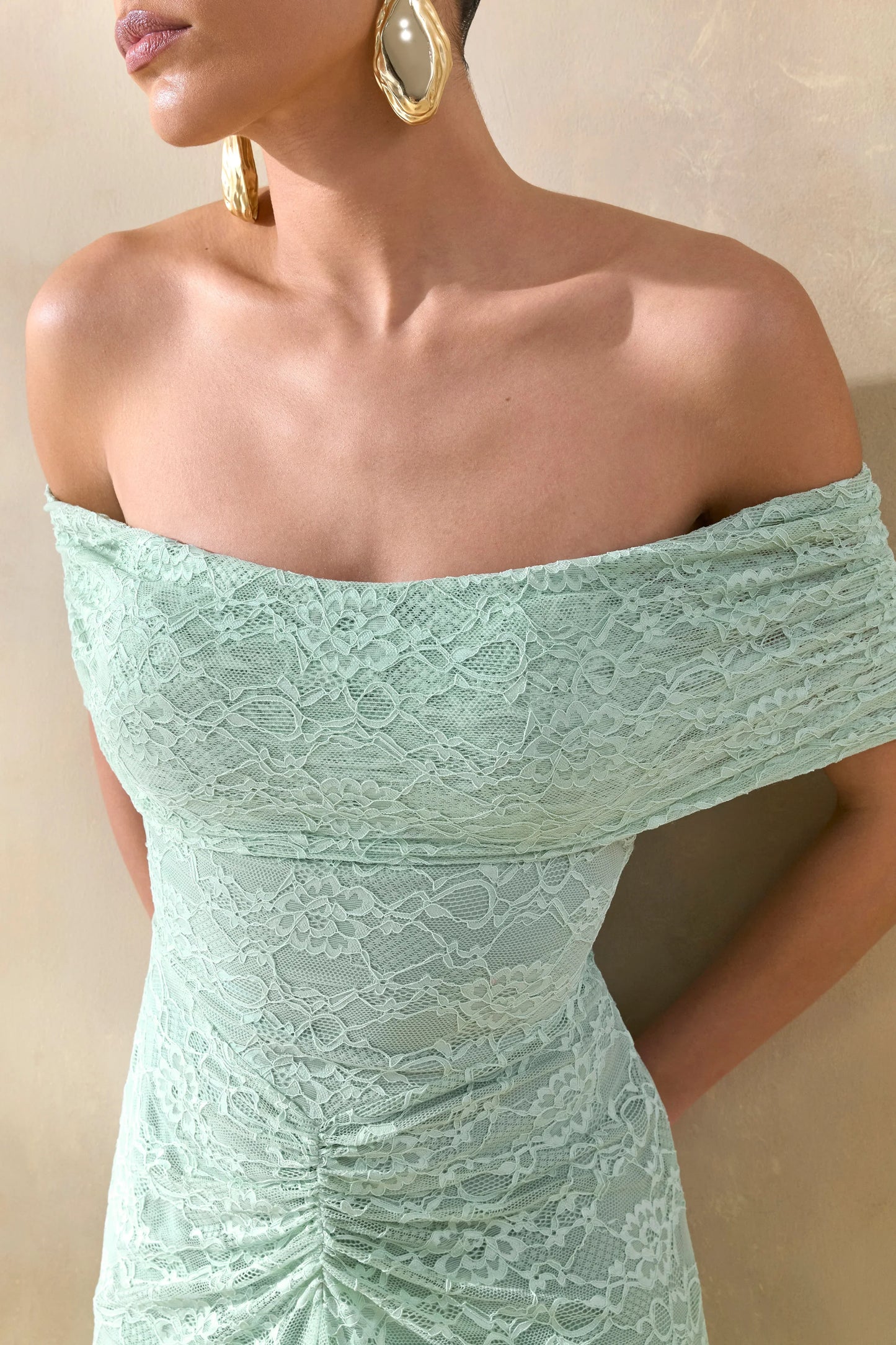 Elinor Sage Lace Bardot Neck Maxi Dress With Gathered Detailing