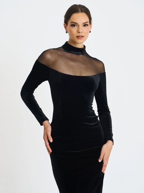 Blair Black Sheer Mock Neck Maxi Dress