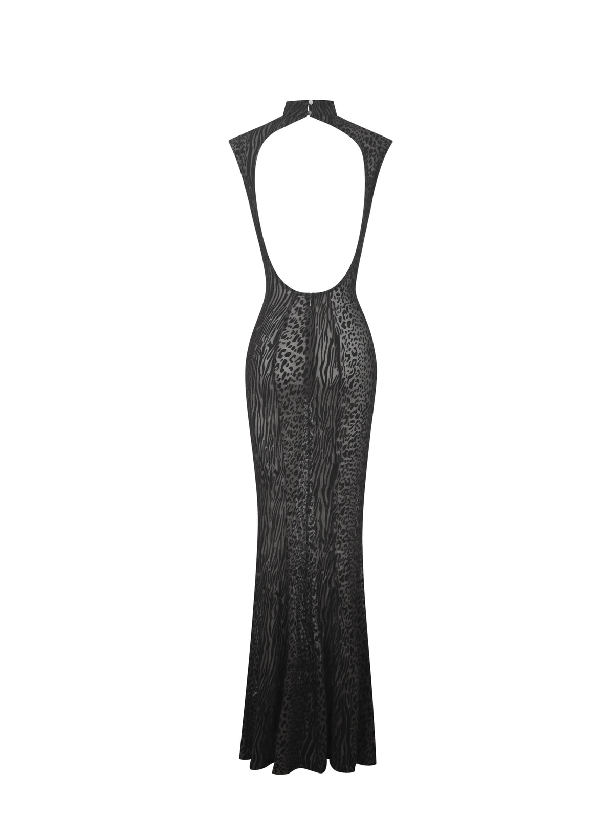 Tyanna Black Burnout Velvet Mesh Backless Mermaid Maxi Dress