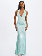 Wendale Mint Sequin Plunging Mermaid Maxi Dress