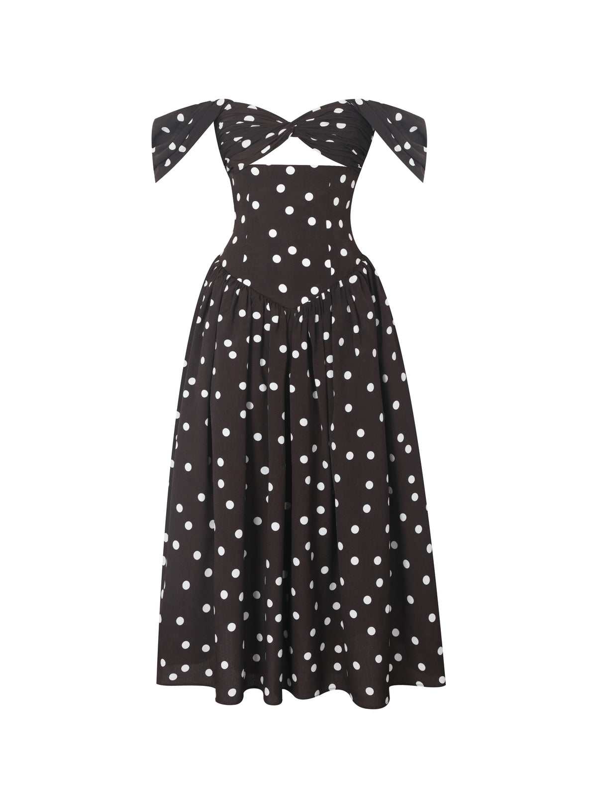 Xandie Mocha Polka Dot Off Shoulder Midi Dress