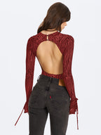 Ibera Burgundy Animal Print Burnout Velvet Long Sleeve Bodysuit