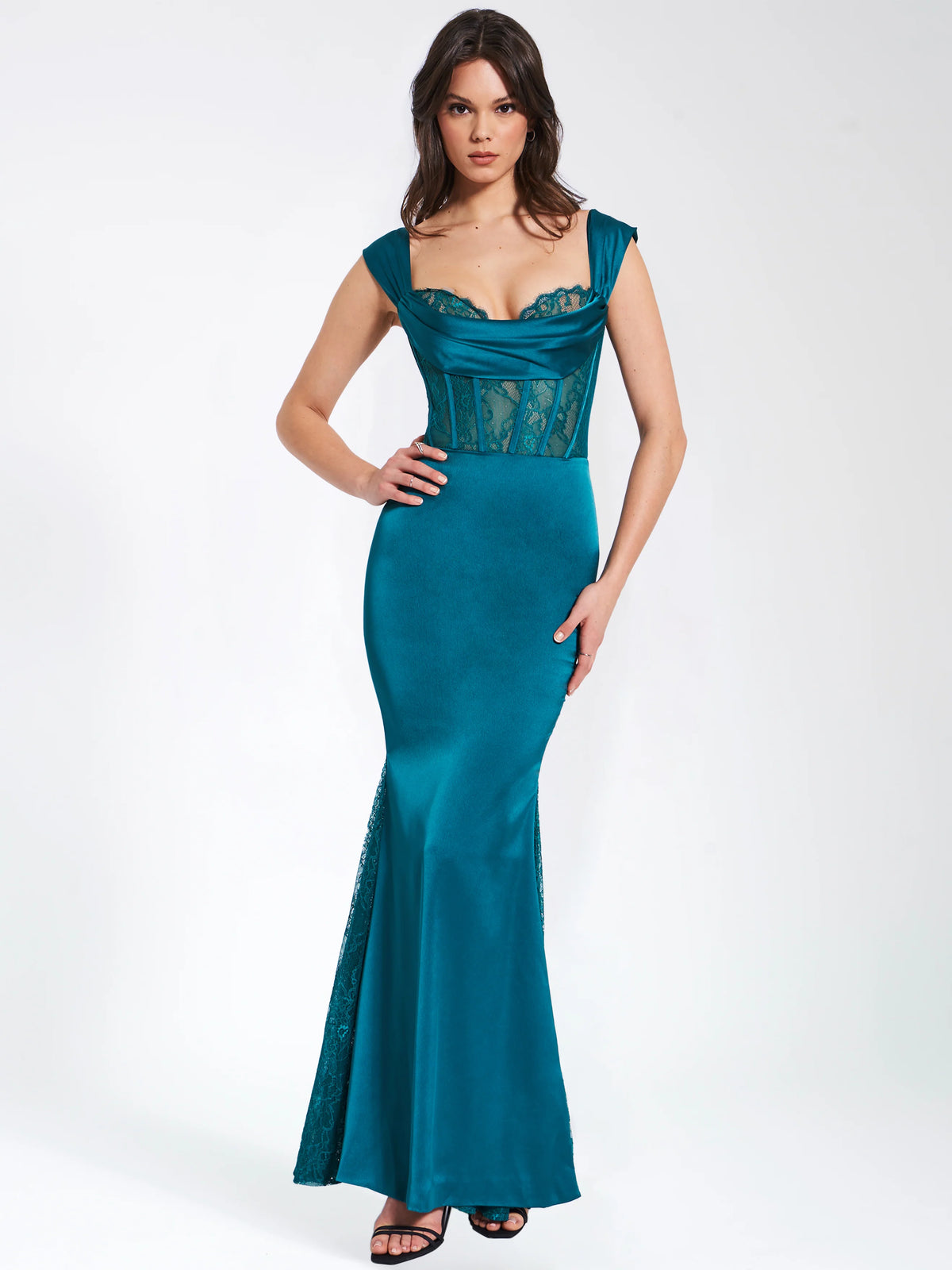 Callista Teal Satin Lace Corset Maxi Dress Archive Sale