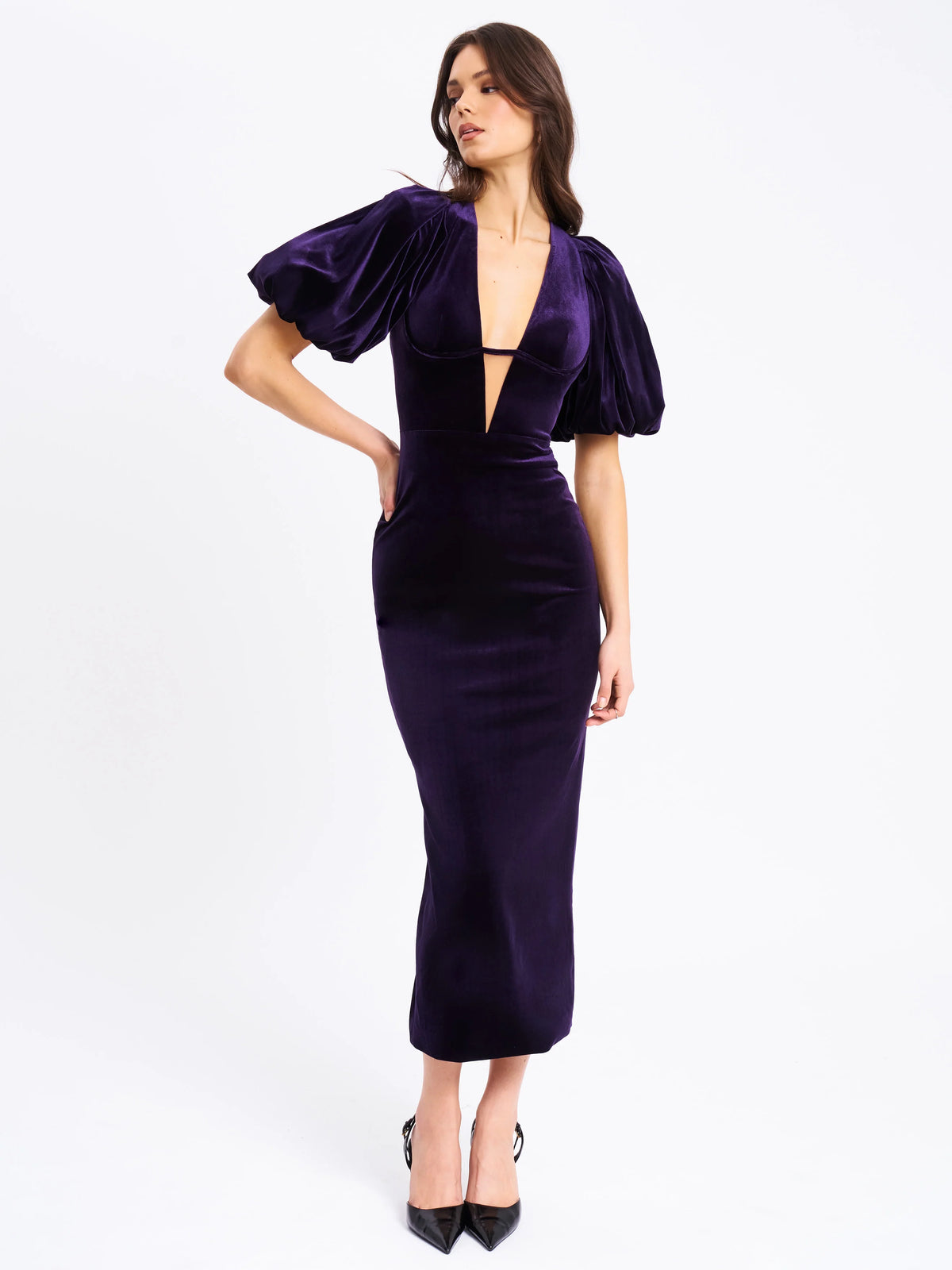 Coraline Purple Velvet Bubble Sleeve Backless Maxi Dress Archive Sale