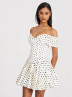 Edeline Polka Dot Off shoulder Pleated Mini Dress