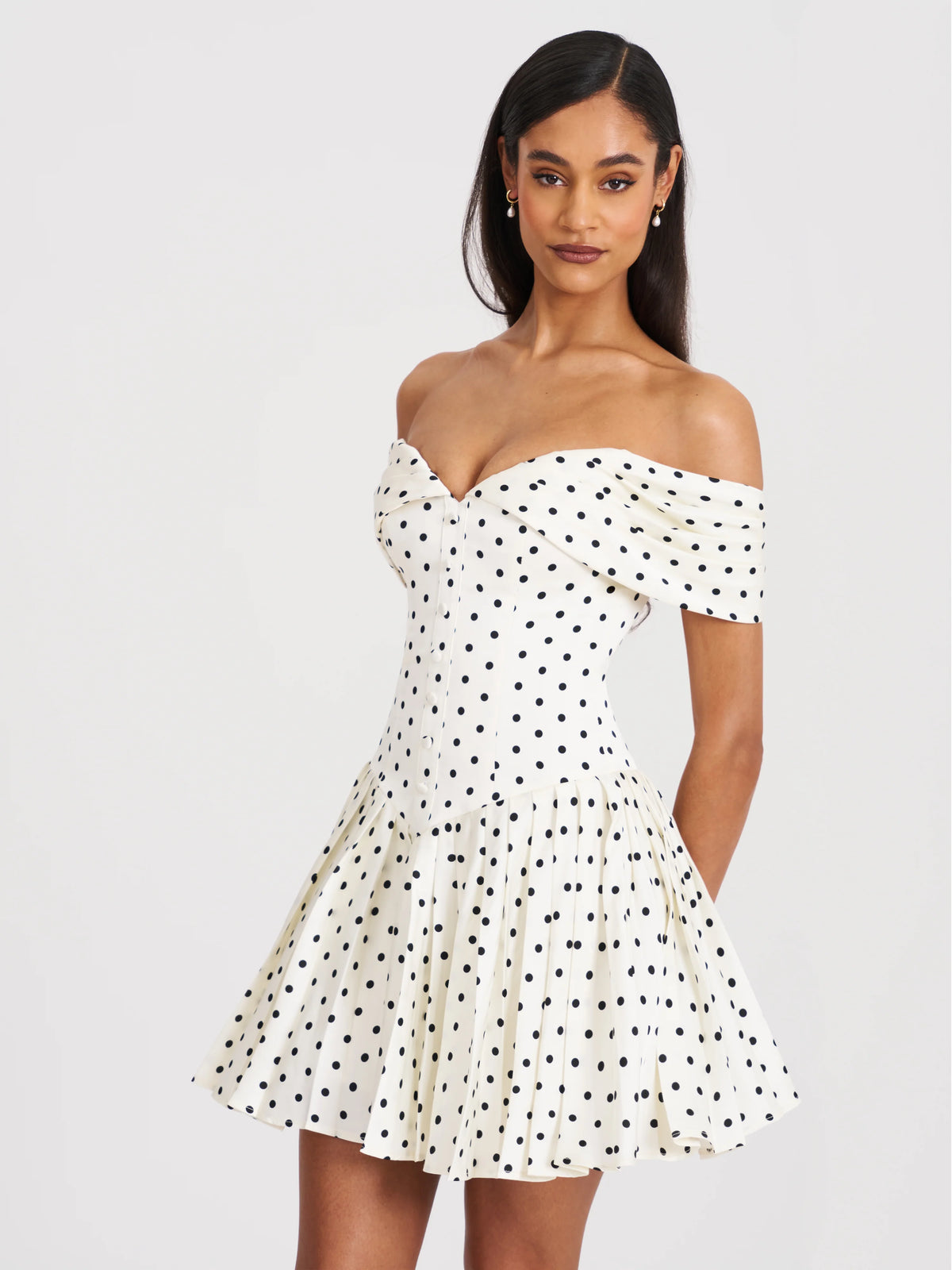 Edeline Polka Dot Off shoulder Pleated Mini Dress