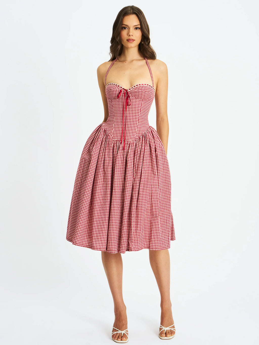 Susanna Red Cotton Gingham Drop Waist Midi Dress