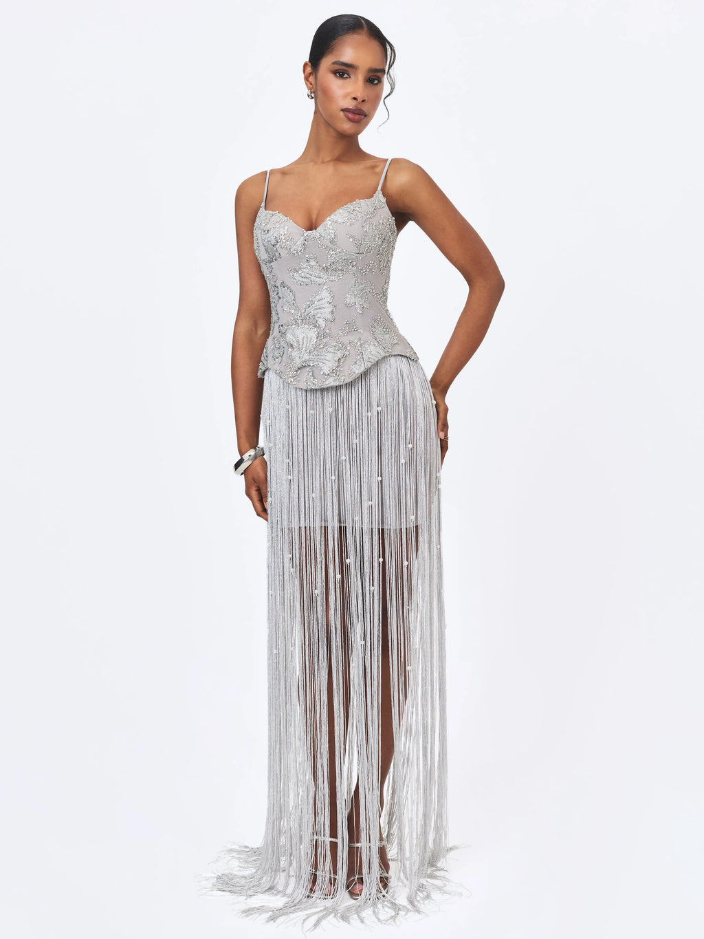 Olisa Silver Beaded Peplum Tassel Maxi Dress