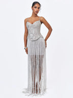 Olisa Silver Beaded Peplum Tassel Maxi Dress