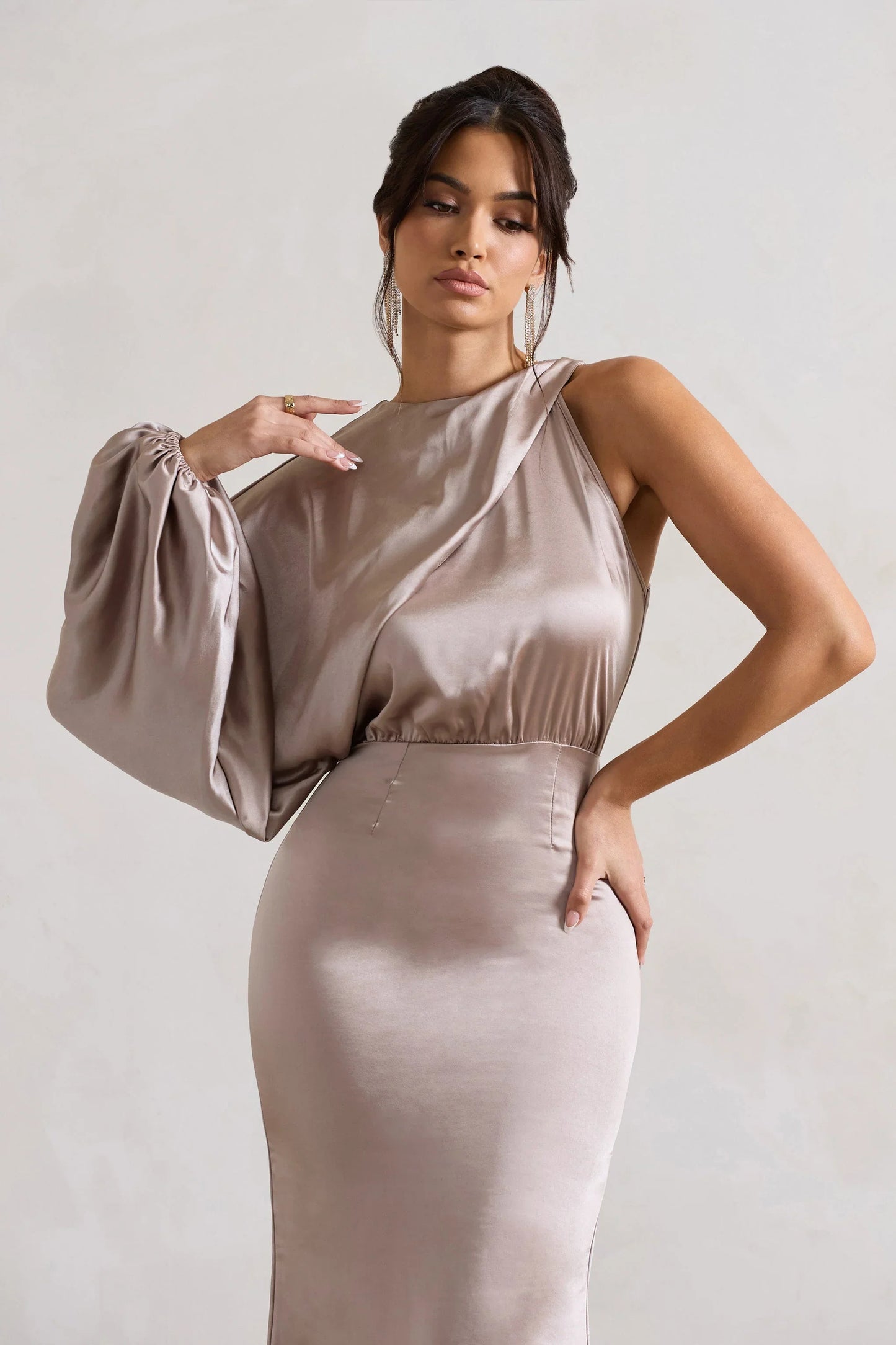 Nola Taupe Satin One Sleeve Midi Dress