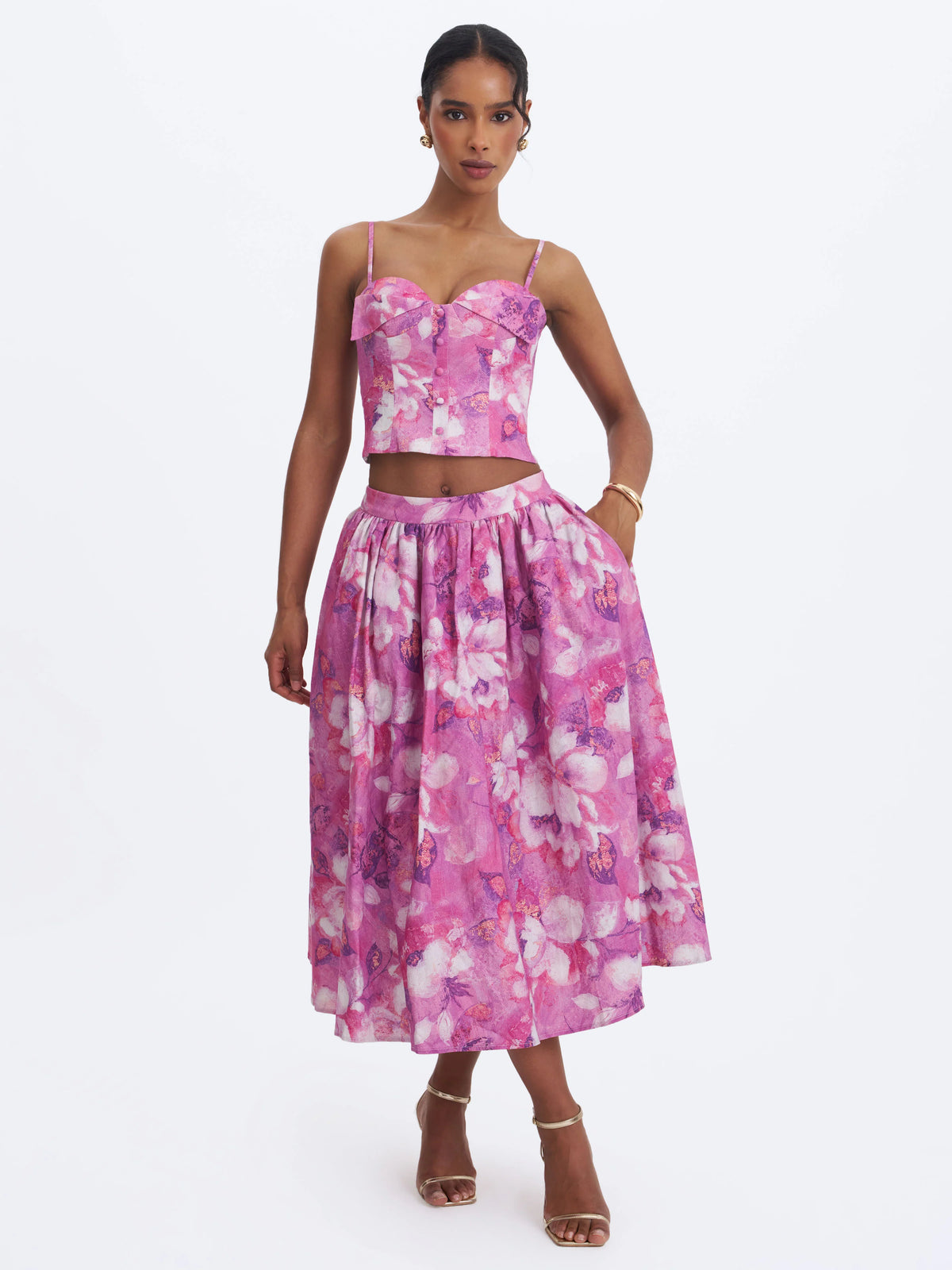 Xalina Blooming Magenta Linen Low Rise Midi Skirt