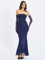 Orabelle Navy Beaded Peplum Mermaid Maxi Gown with Lace up Back