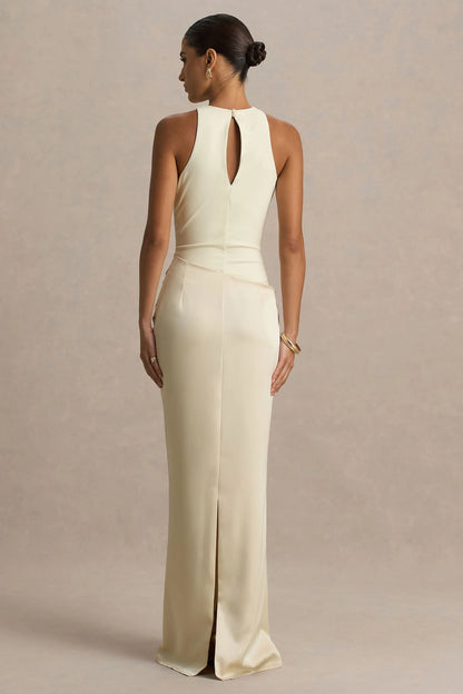 Akari Cream Crew Neck Maxi Dress With Satin Skirt