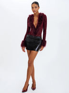 Valene Burgundy Burnout Velvet Fur Trim Bodysuit