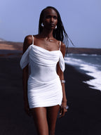 Umnia White Mesh Off Shoulder Drape Mini Dress