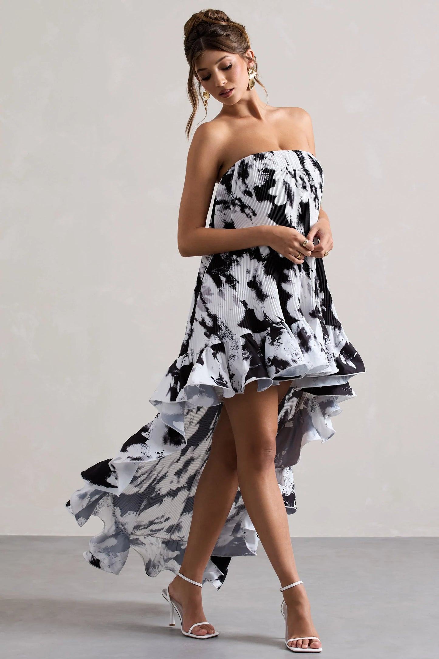 Whistler Monochrome Floral Chiffon Bandeau High Low Ruffled Maxi Dress