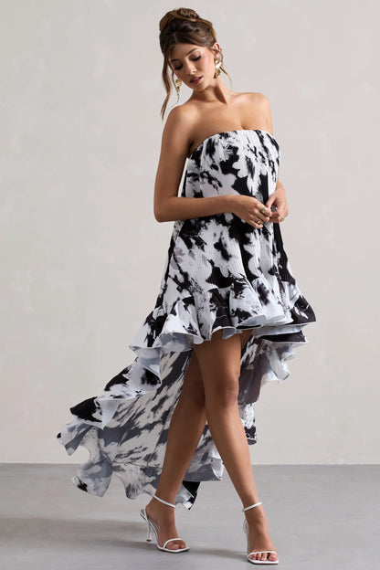 Whistler Monochrome Floral Chiffon Bandeau High Low Ruffled Maxi Dress