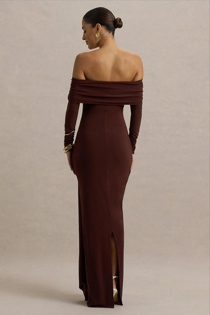 Jovie Brown Bardot Wrap Maxi Dress With Sash Detail