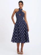 Nuri Navy Polka Dot Ramie Crossover Halter A Line Midi Dress