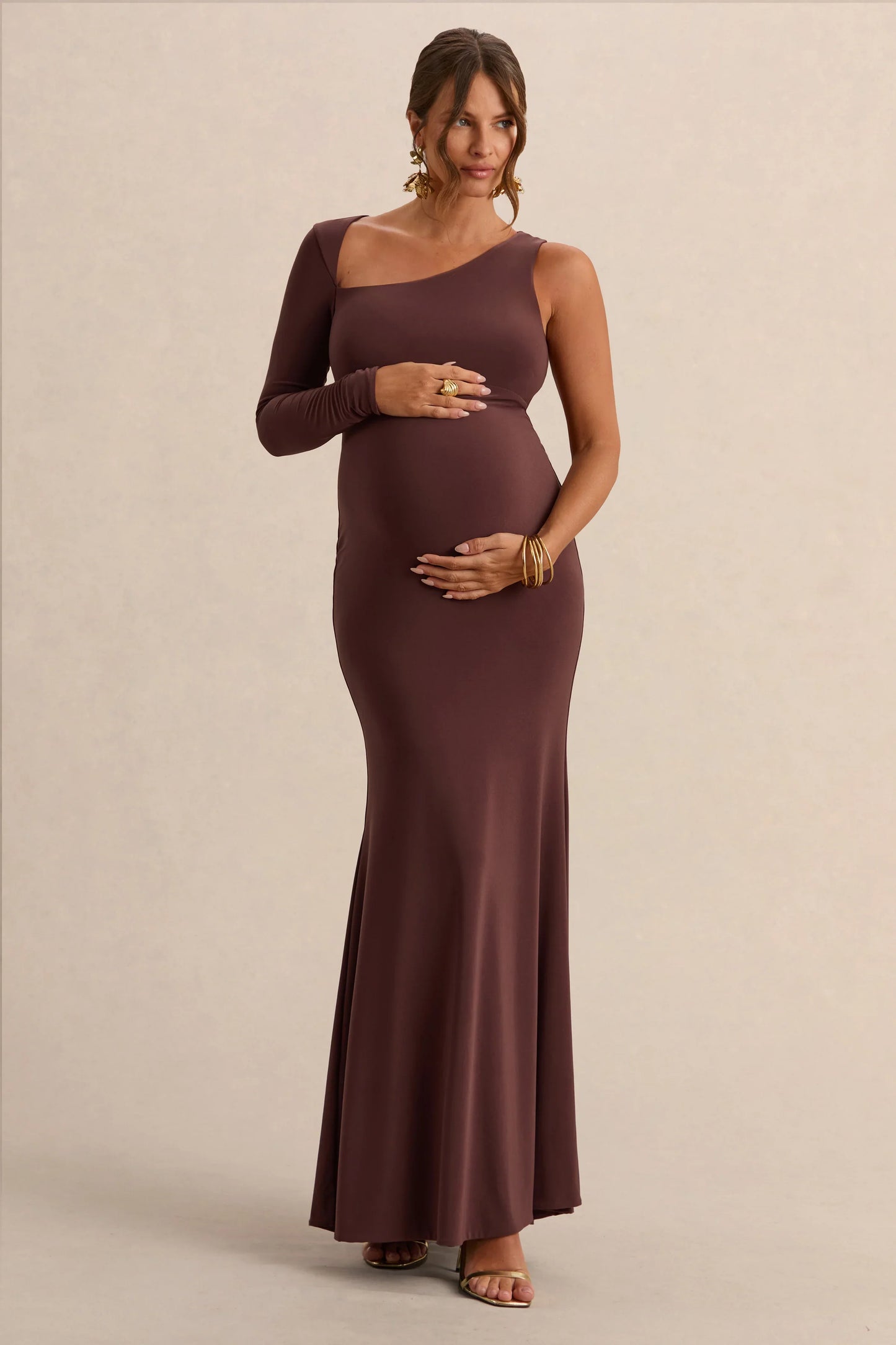 Oh Baby Brown Maternity One Shoulder Bodycon Maxi Dress